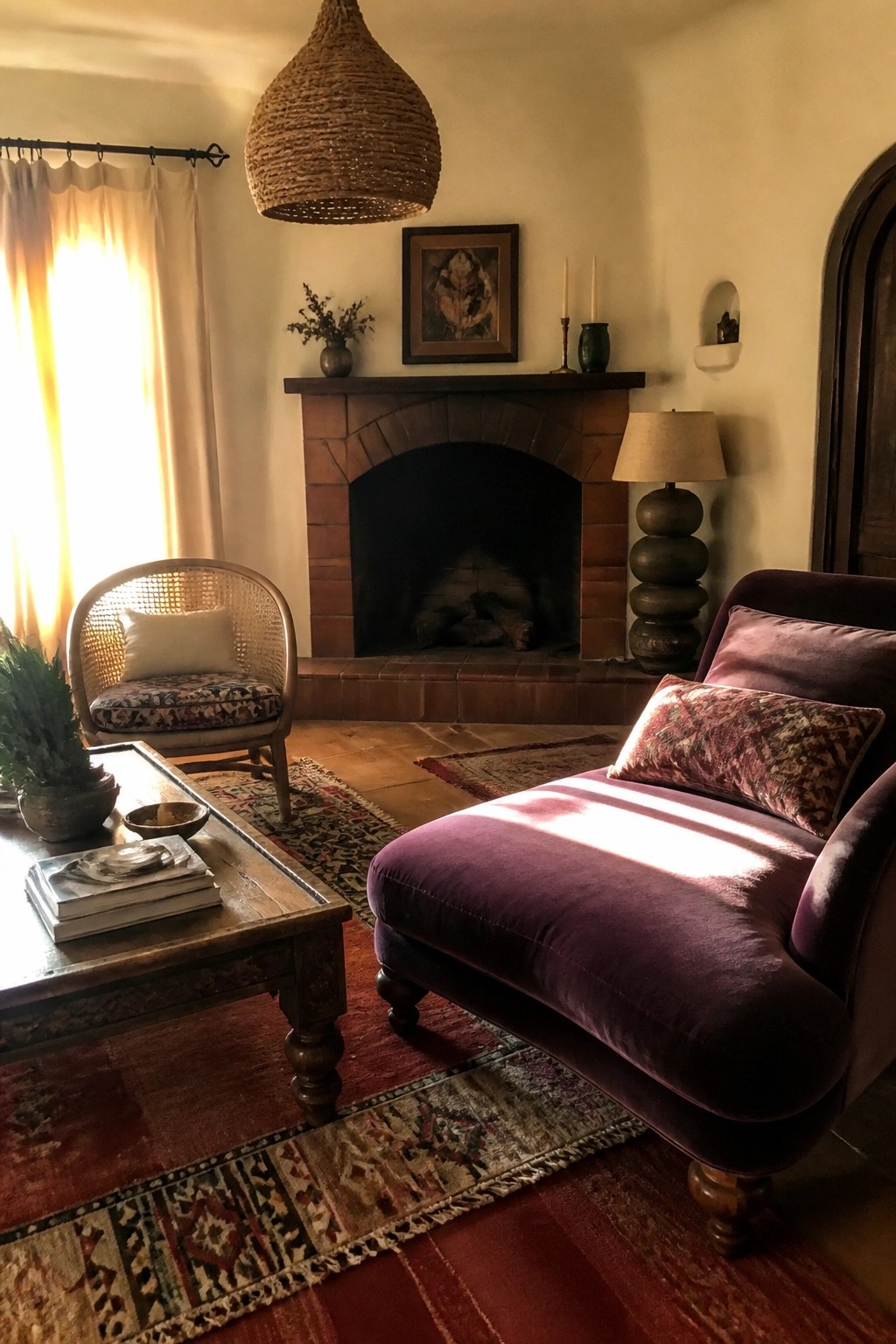Cozy room with purple velvet chaise, brick fireplace, woven light, and patterned rugs.