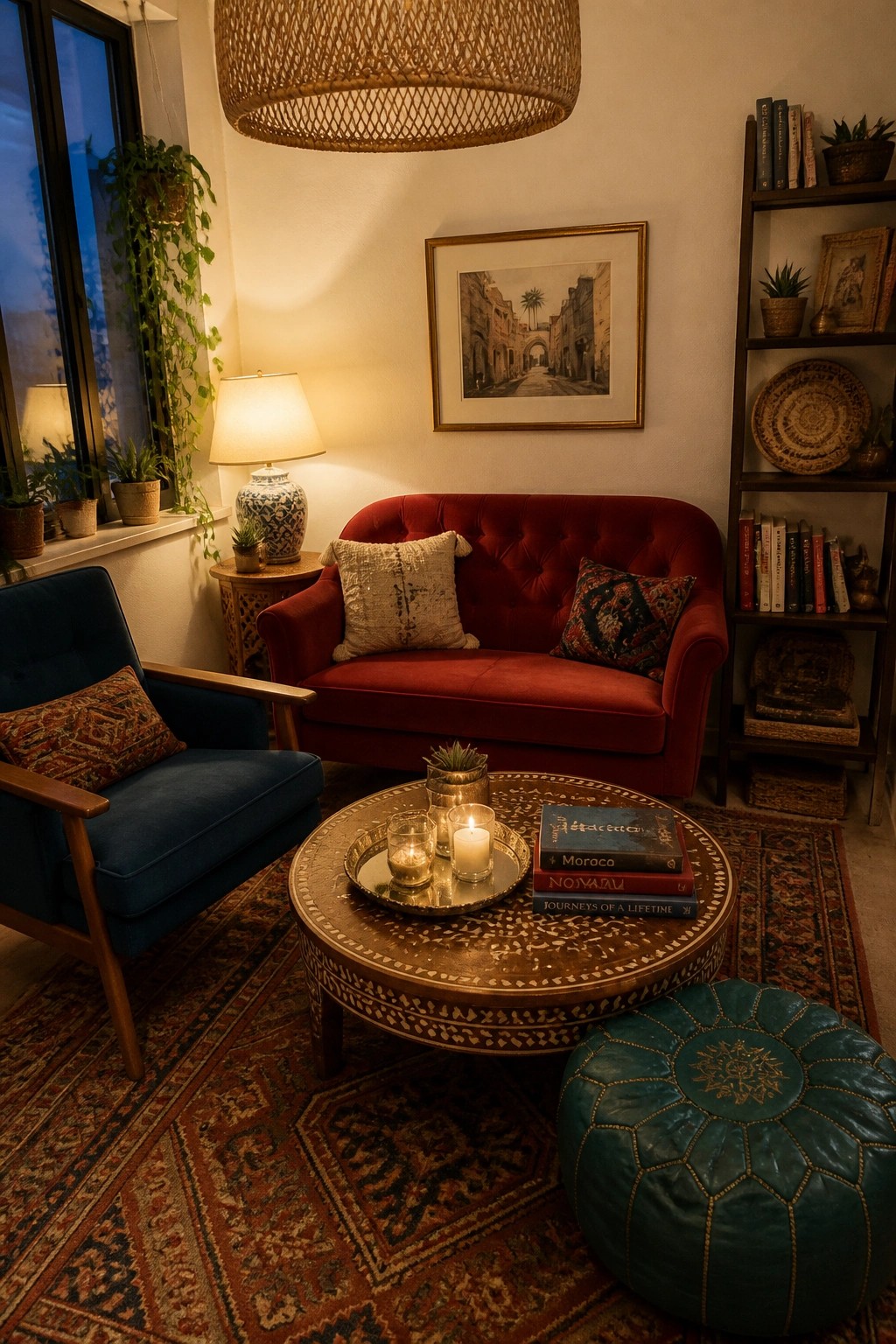 A cozy living room with a red tufted sofa, blue armchair, round wooden coffee table holding lit candles, teal leather pouf, and patterned rug.