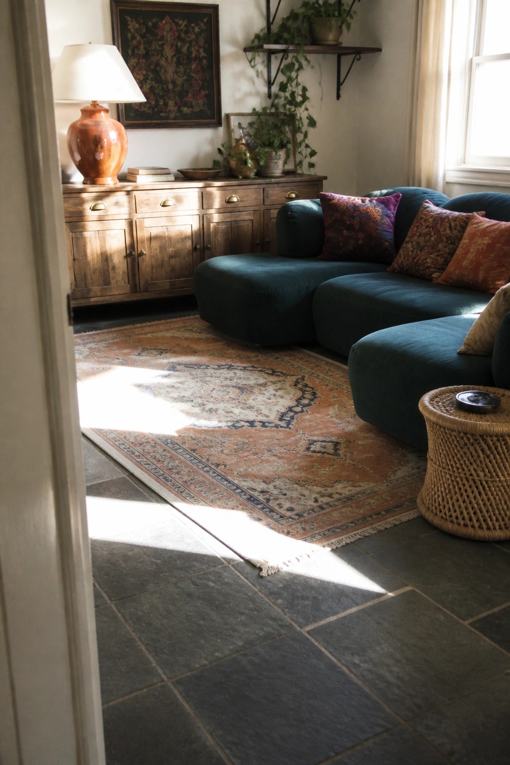 Sunlit living room with teal curved sofa, patterned rug, and wooden cabinet.