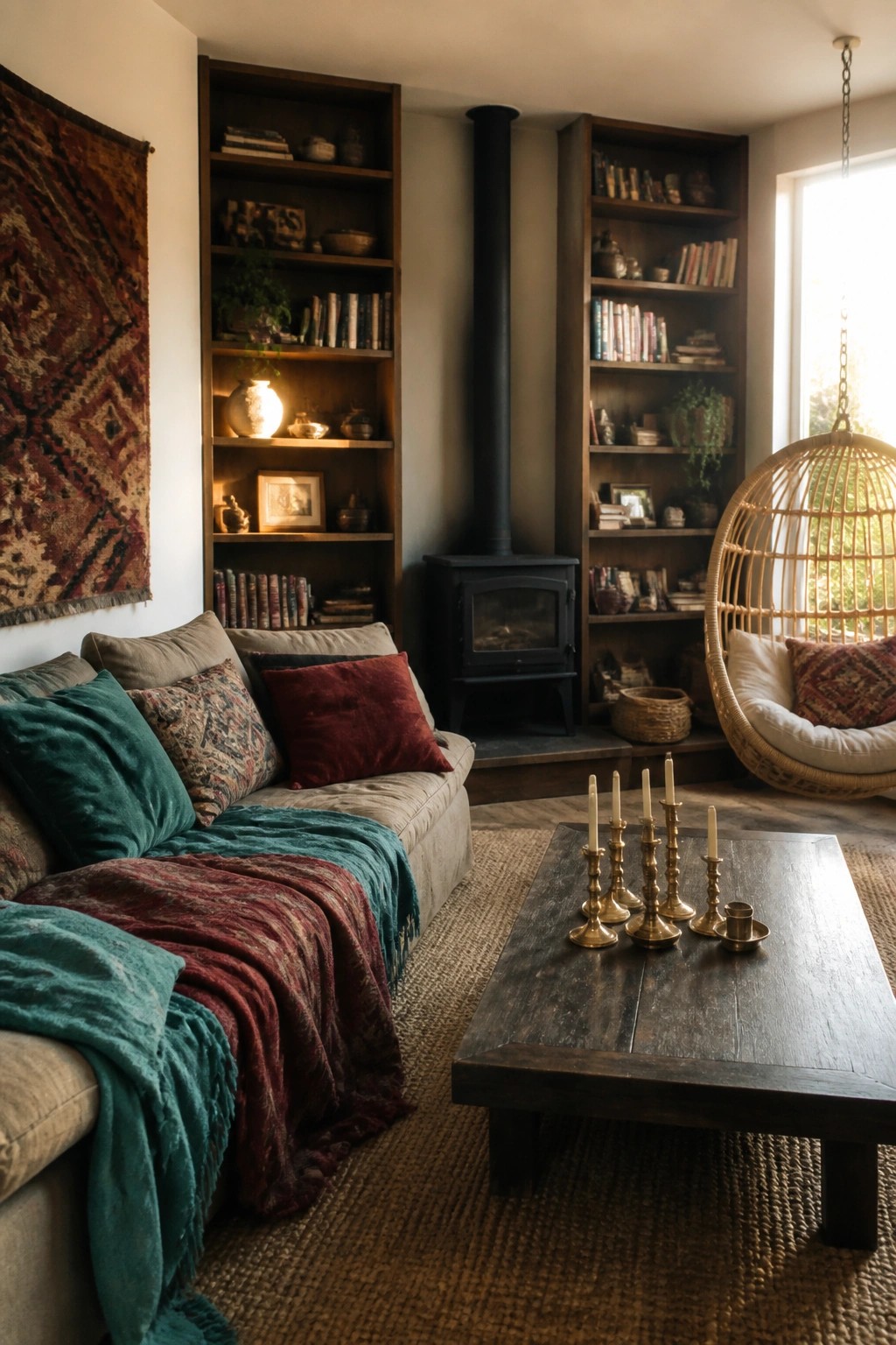 A living room featuring a beige sofa with teal and red velvet pillows and throws, built-in wooden bookshelves flanking a black wood stove, a dark coffee table with brass candlesticks, and a hanging wicker chair by a window.