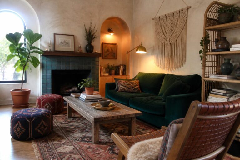 A living room featuring a green velvet sofa on layered patterned rugs, with a wooden coffee table, potted plants, and a green tiled fireplace.