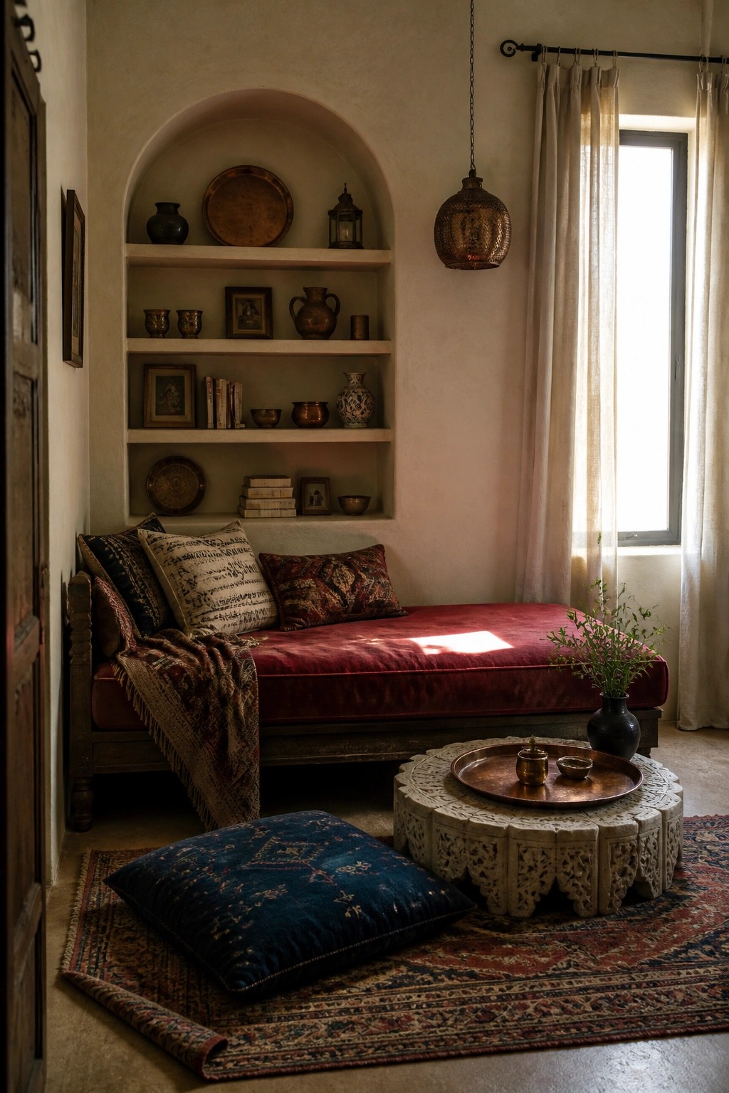A red velvet daybed sits in an arched alcove with built-in shelves holding pottery and books, a carved stone table in front on a patterned rug.