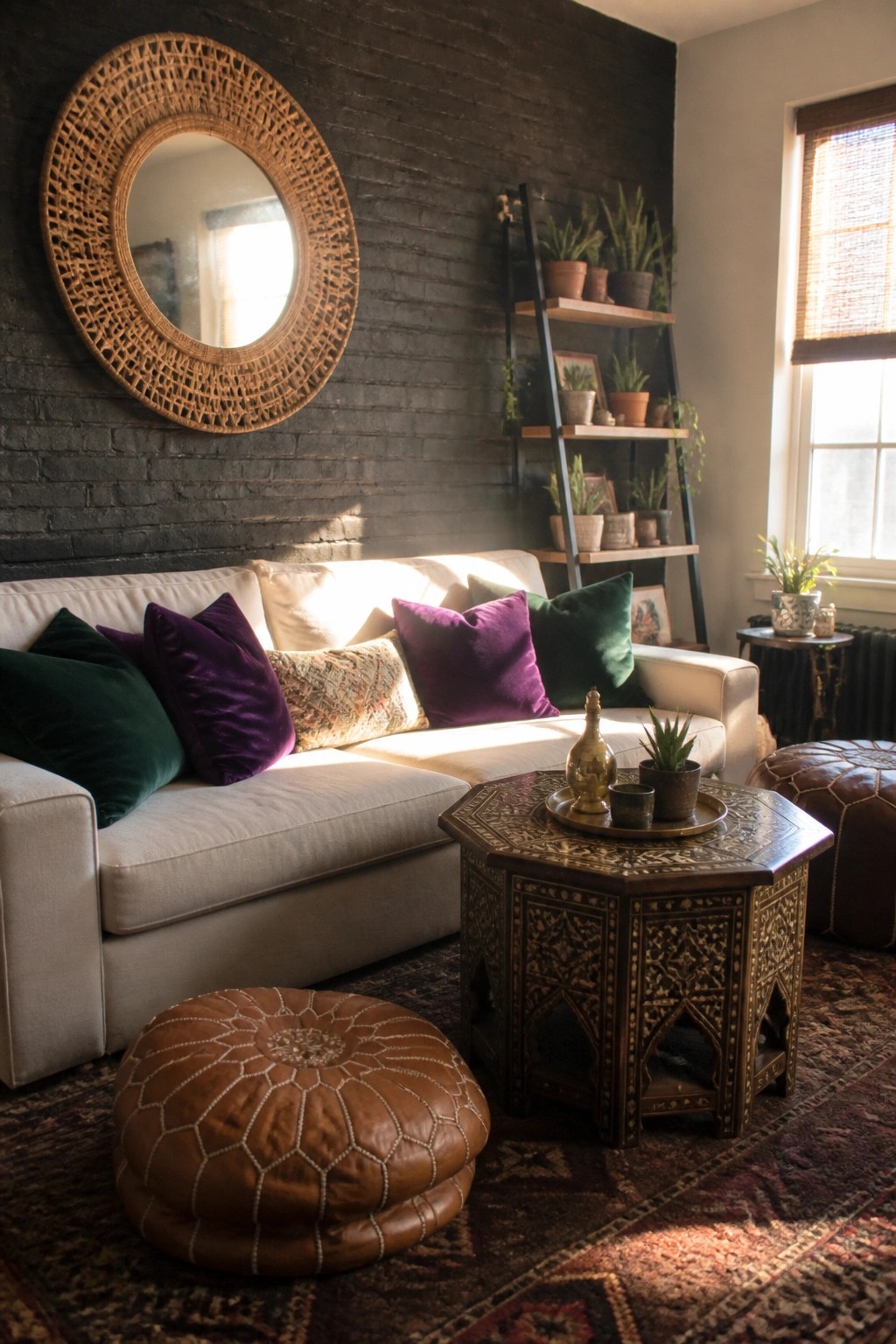 A living room scene showing a light sofa with purple and green velvet pillows, two brown leather poufs, and an ornate carved coffee table set against a dark brick wall.