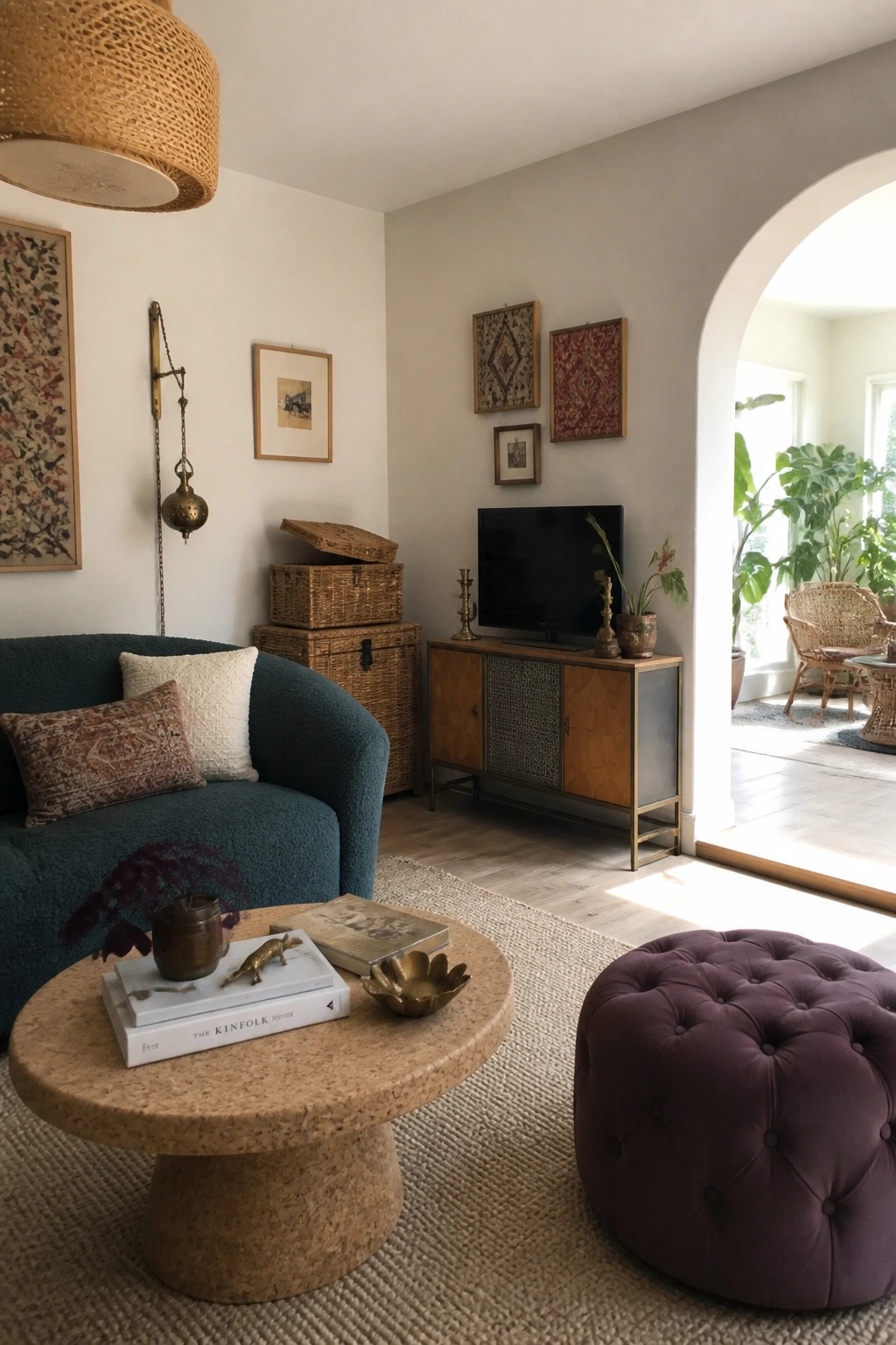 A living room featuring a teal upholstered sofa, round cork coffee table with books and brass objects, purple tufted ottoman, and wooden media console against a light wall with framed art and an arched opening to another room.
