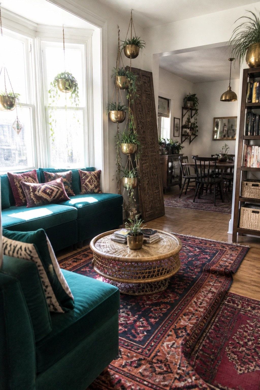 A living room featuring teal velvet sofas with patterned pillows, a round wicker coffee table on layered red rugs, and multiple hanging brass plant holders near large windows.