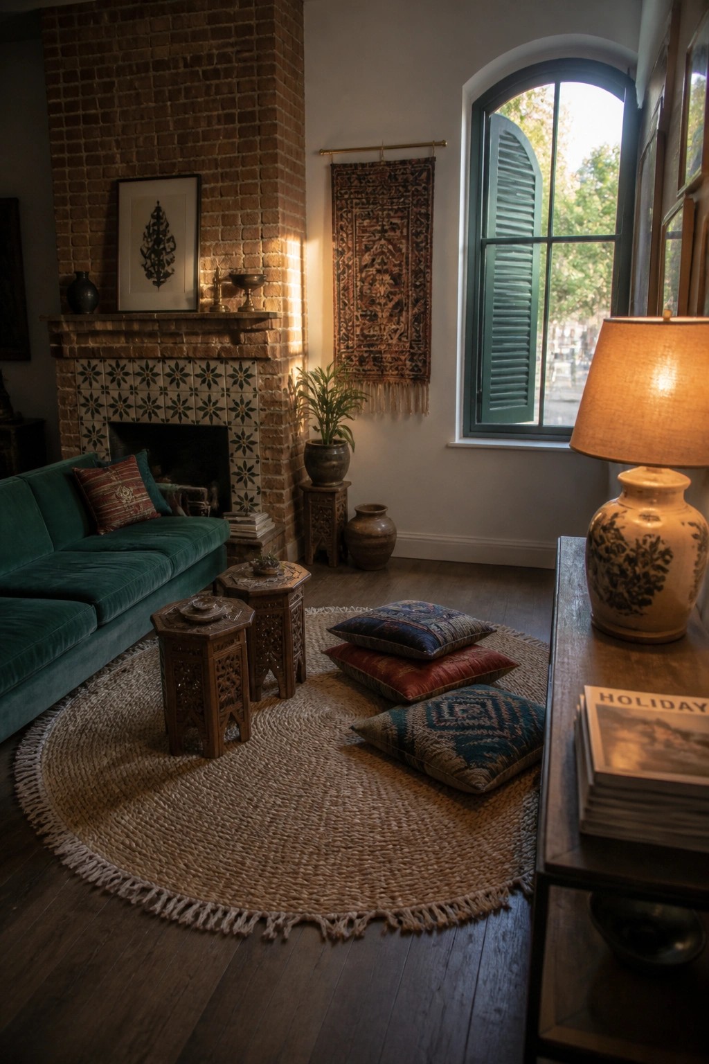 Cozy living room with green velvet sofa, brick fireplace, jute rug, and hanging tapestry.