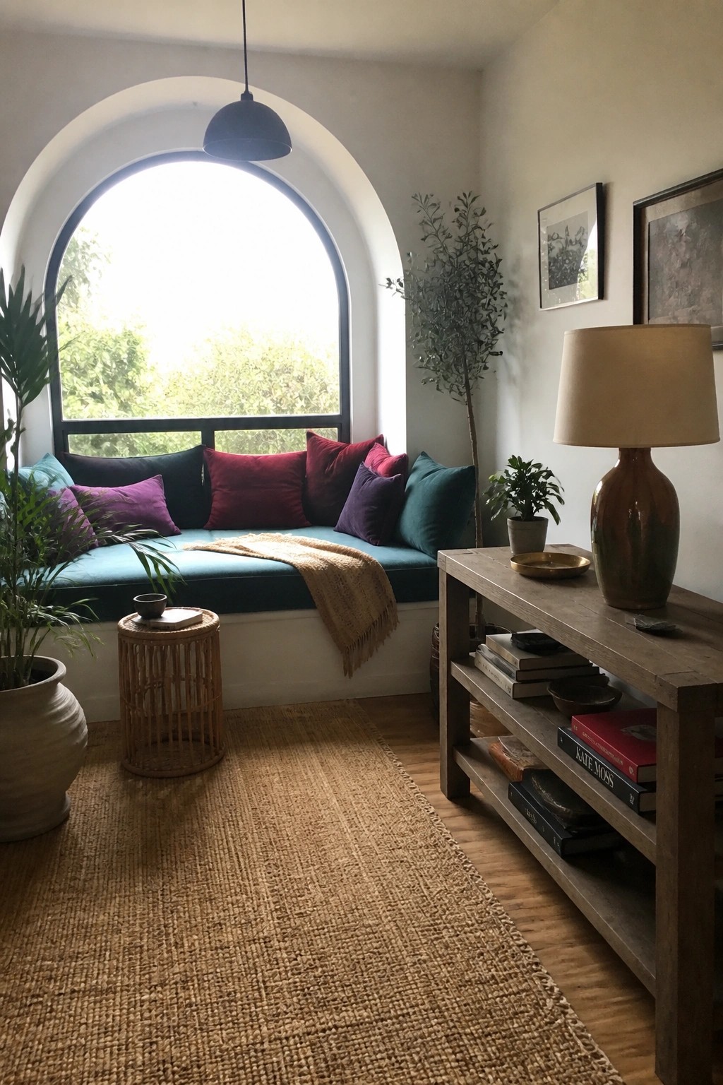 Cozy arched window nook with teal bench, colorful pillows, wooden console, and plants.