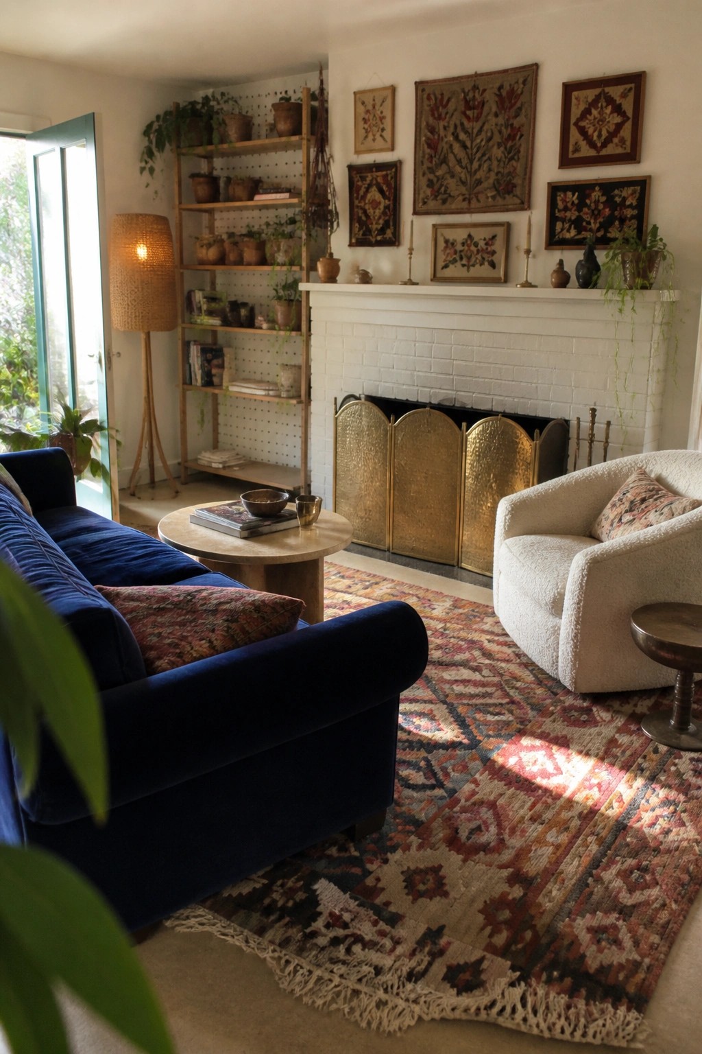 Sunlit bohemian living room with blue velvet sofa, white chair, and colorful rug