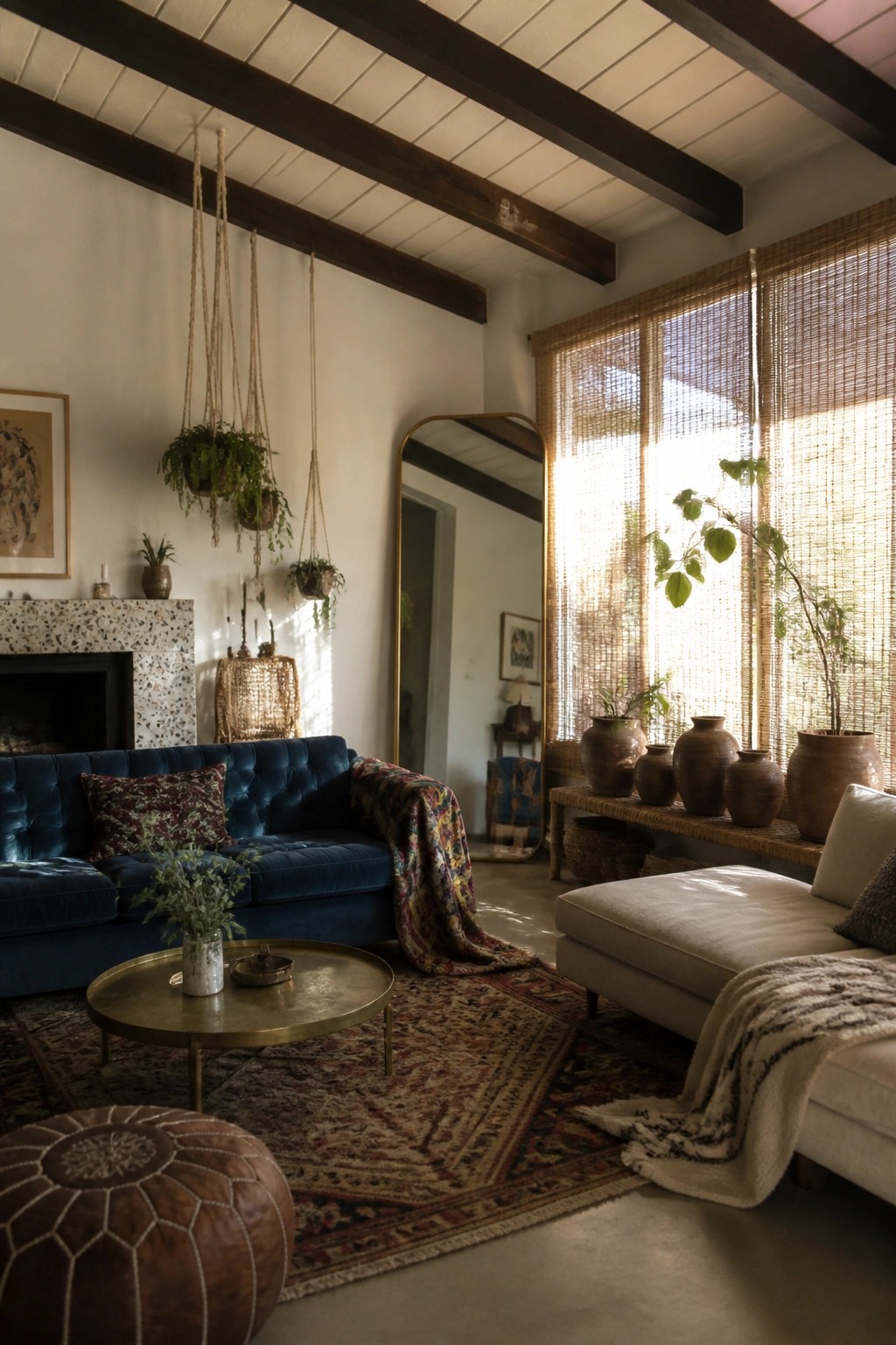 A living room with a blue velvet tufted sofa, hanging plants, a round brass table, layered rugs, and clay pots on a bench near woven window shades.