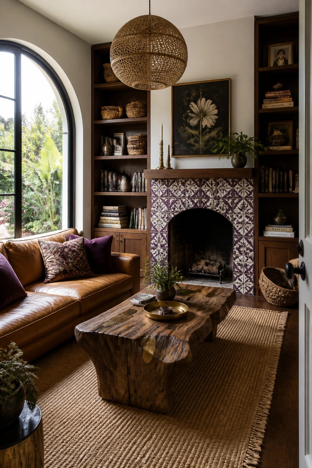 A living room with a brown leather sofa, rustic wood coffee table, and a fireplace surrounded by purple and white patterned tiles, flanked by dark wood bookshelves.