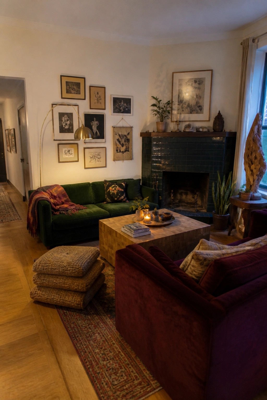 A living room featuring a green velvet sofa, a maroon velvet armchair, a wooden coffee table, a tiled fireplace, and assorted wall art above the sofa.
