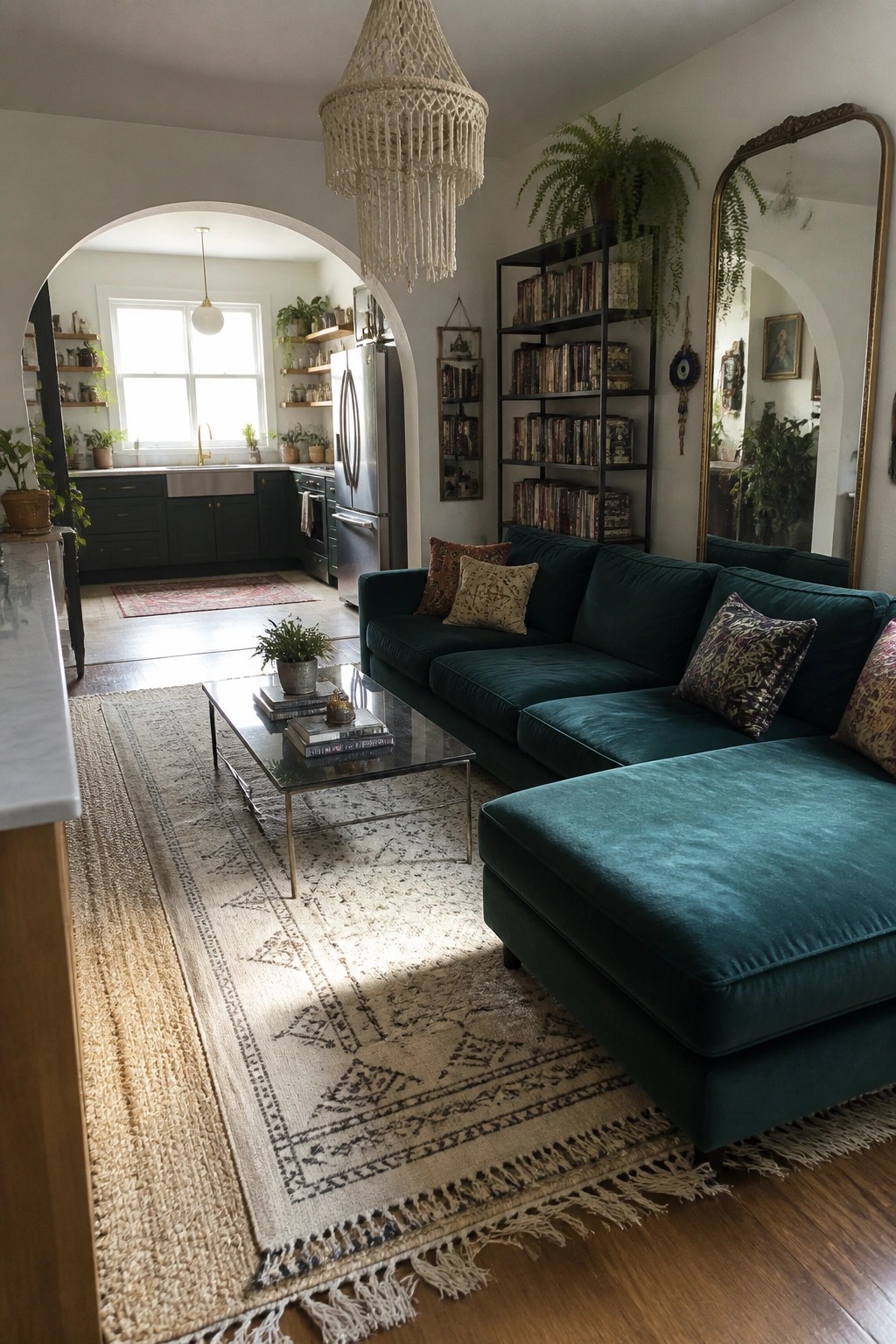 A living room featuring a large teal velvet sectional sofa on a patterned rug, with a glass coffee table, black bookshelf filled with books, and a view into a bright kitchen through an arched doorway.