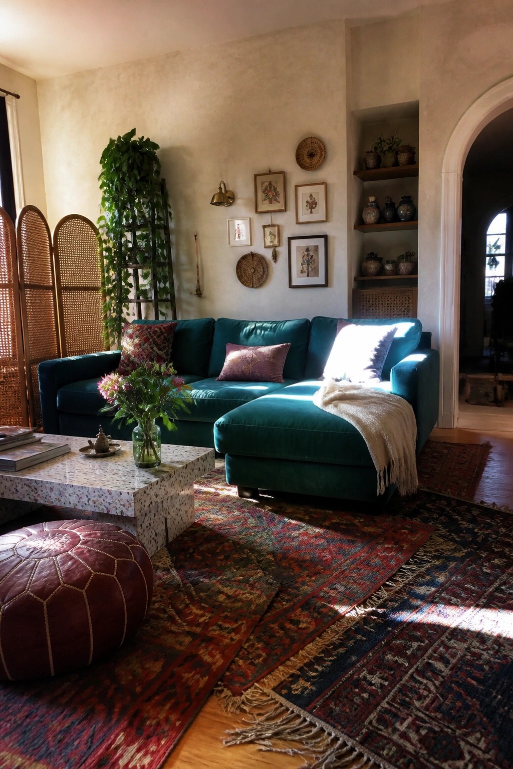 A living room with a teal velvet sectional sofa, layered patterned rugs on wood flooring, a red leather pouf, a terrazzo coffee table, and boho wall decor with plants.