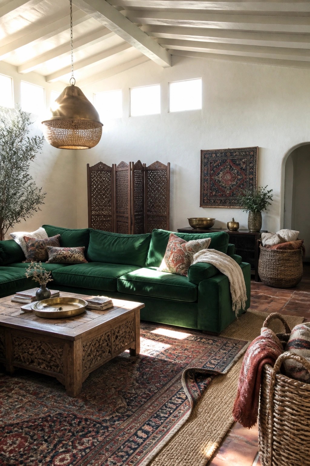 A living room with a large green velvet sectional sofa, wooden carved coffee table, layered rugs, and a brass pendant light.