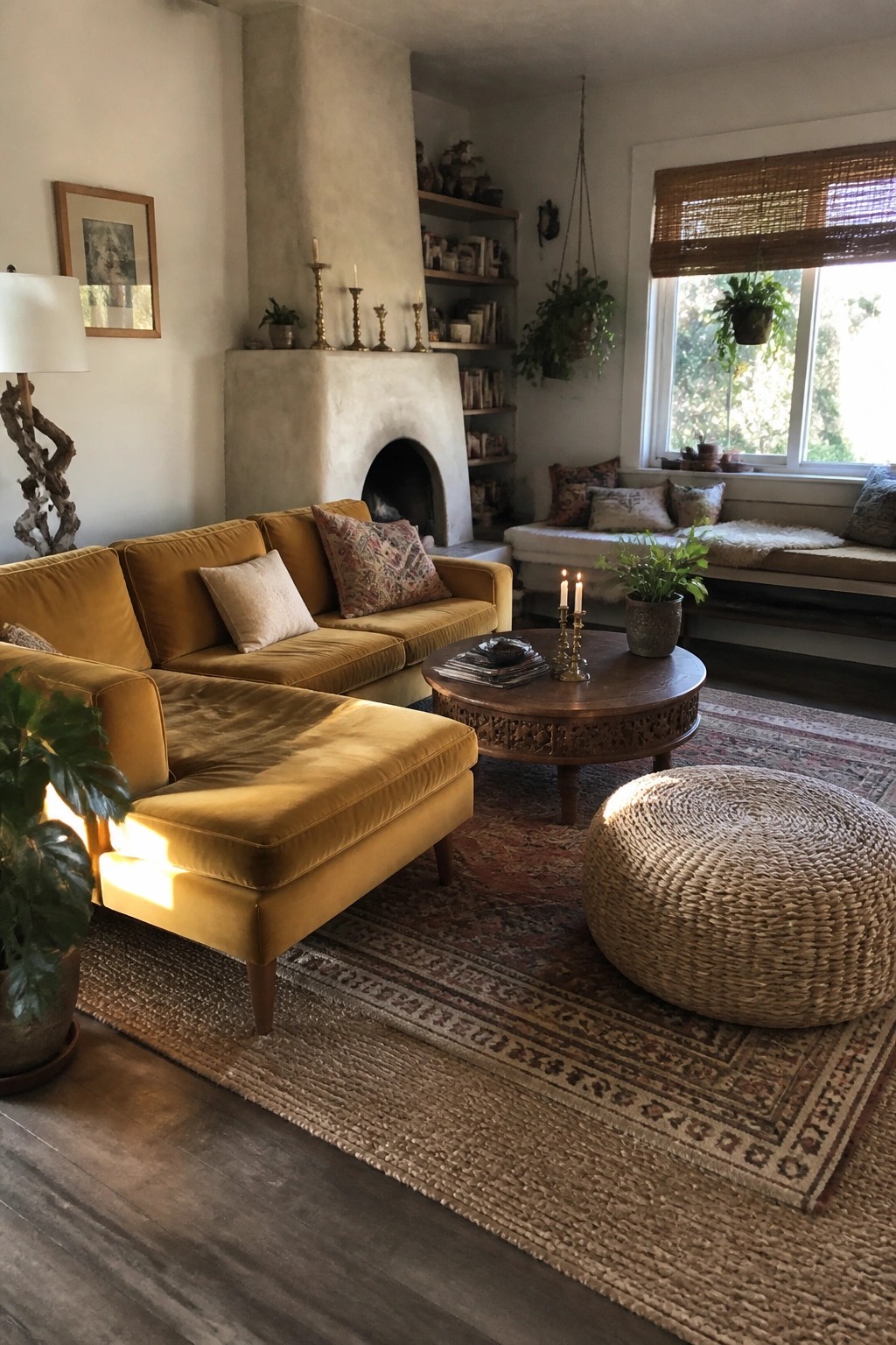 Cozy living room with yellow velvet sectional sofa, fireplace, coffee table, and woven ottoman