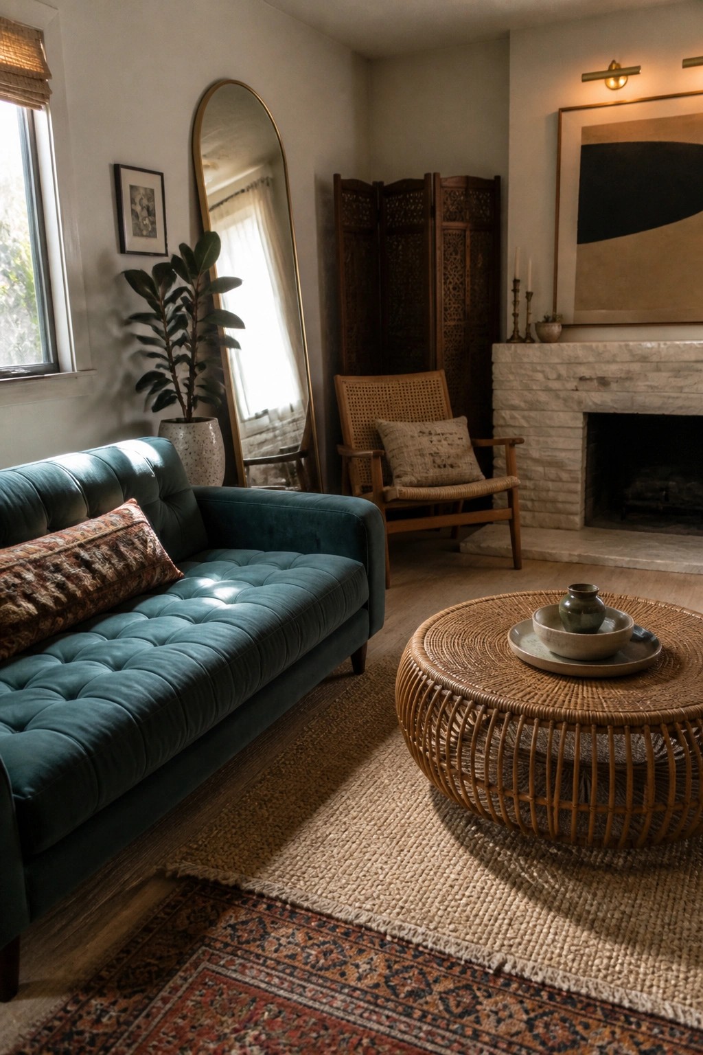 A living room featuring a teal velvet tufted sofa on layered rugs, a round wicker coffee table, an arched floor mirror, a woven chair, and a stone fireplace.