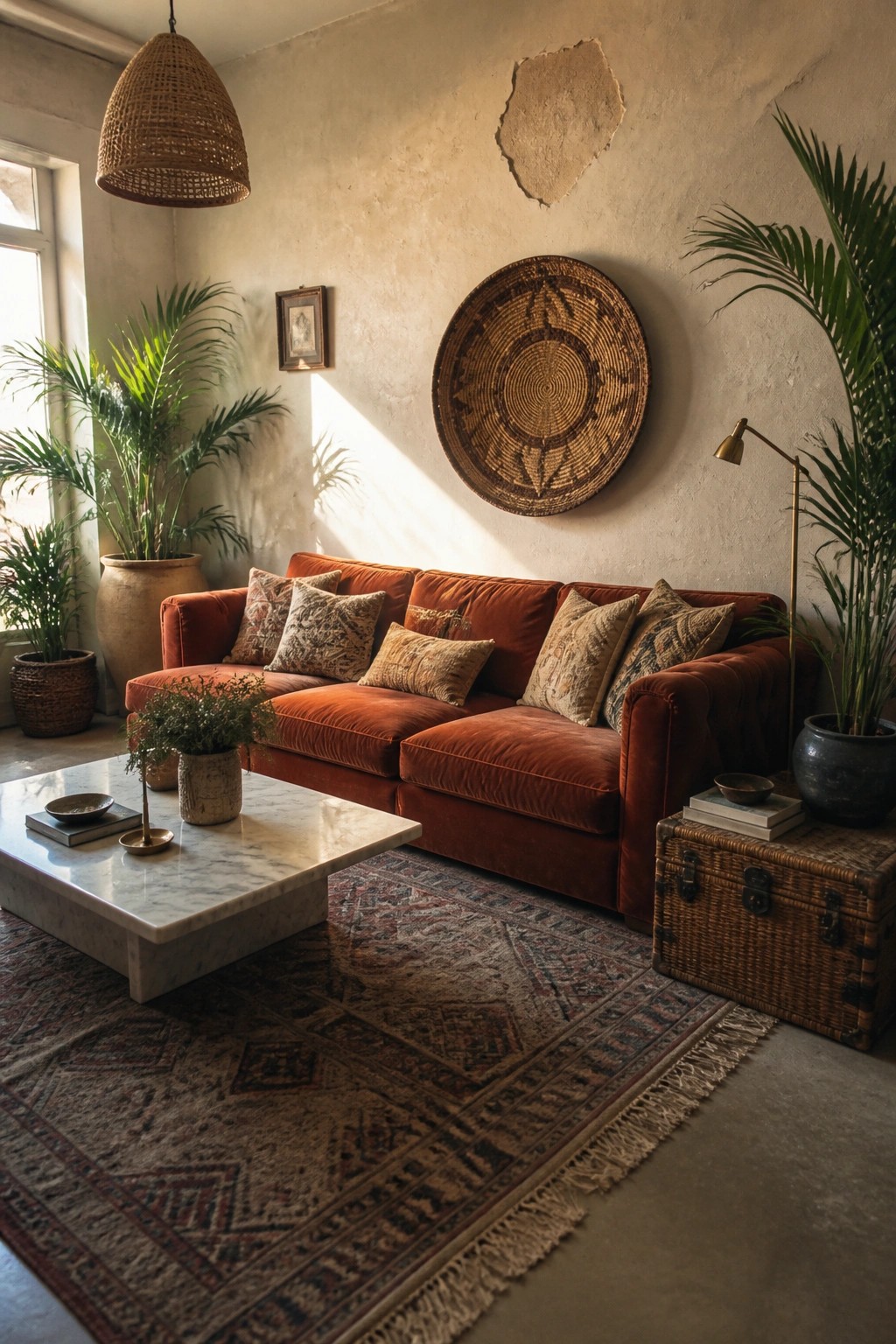 A rust-colored velvet sofa with patterned pillows sits on a large patterned rug in front of a textured wall decorated with a round woven basket.