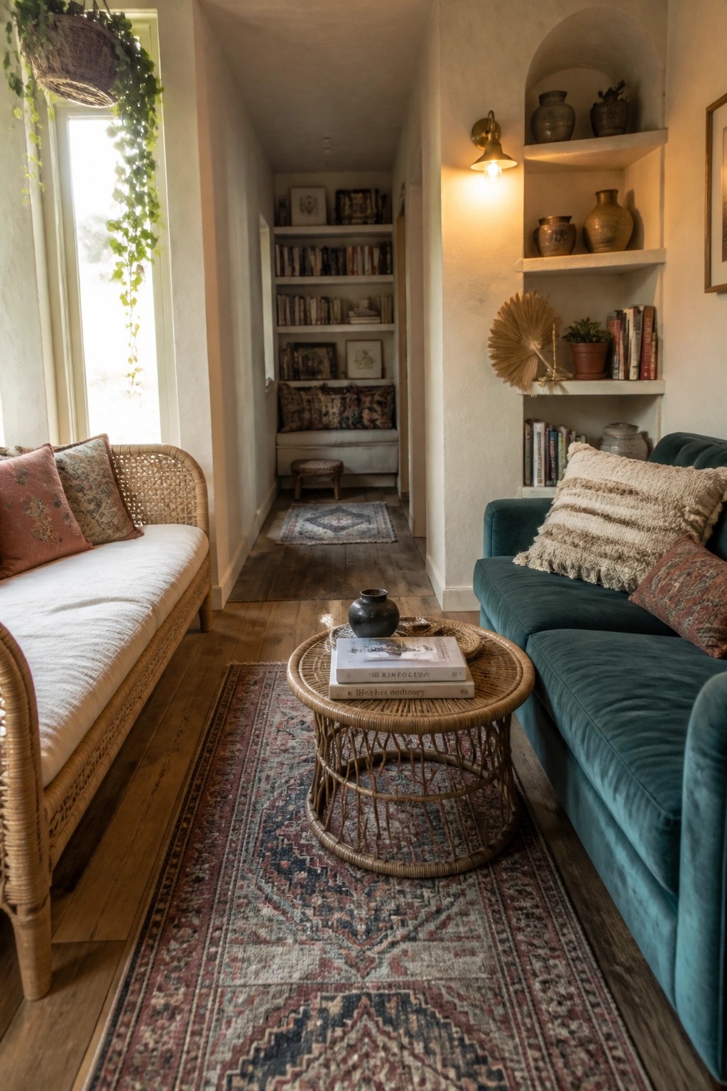 A narrow living room with a teal velvet sofa on the right, a rattan coffee table on a patterned rug, a rattan daybed on the left, and built-in bookshelves visible in the background.