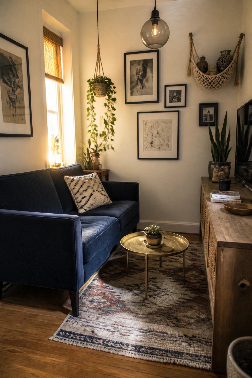 A living room with a navy blue velvet sofa, patterned rug, round brass coffee table, hanging plants, and gallery wall on white walls.