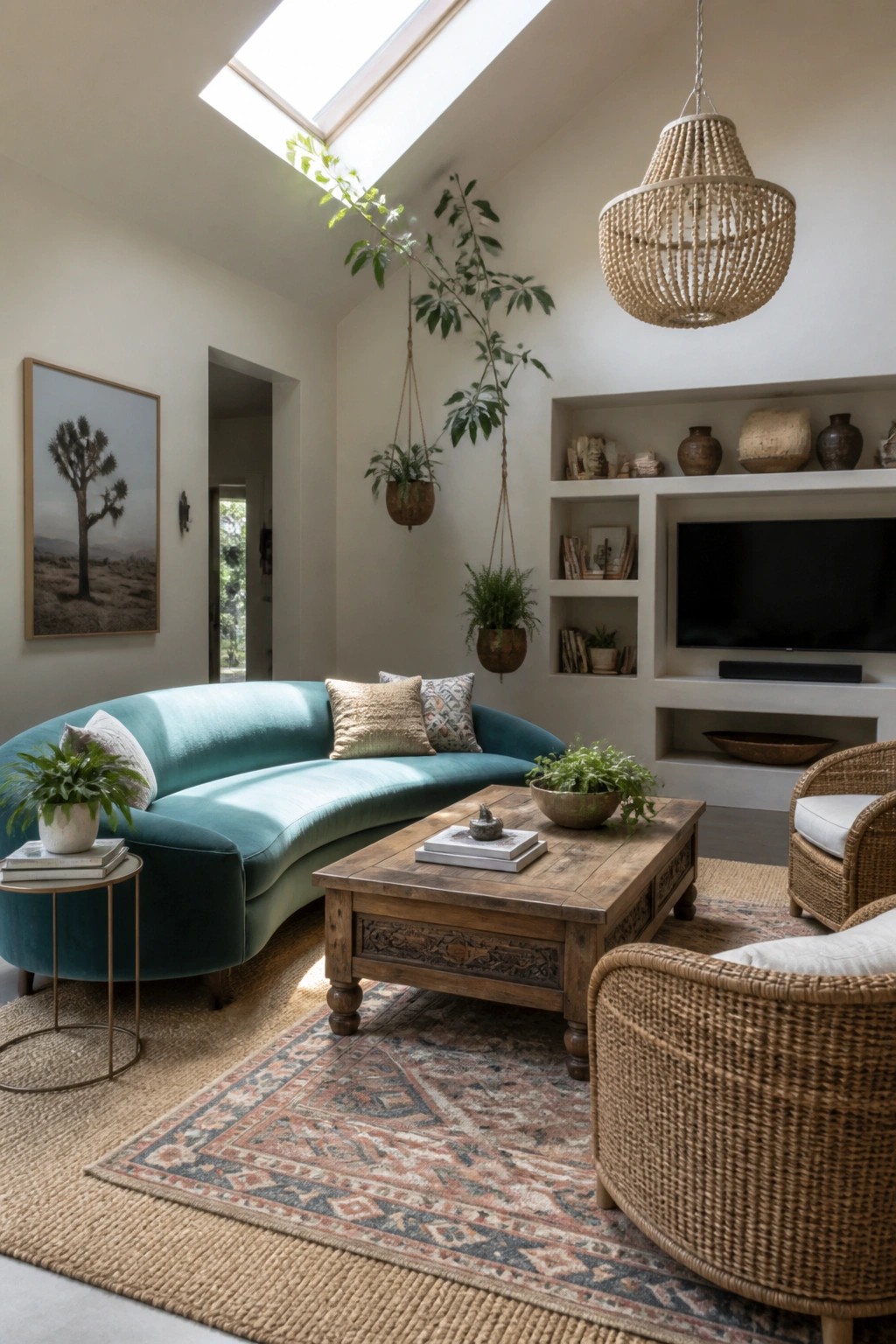 A living room featuring a curved teal velvet sofa, a wooden coffee table on a patterned rug, woven chairs, hanging plants, and a built-in media wall.