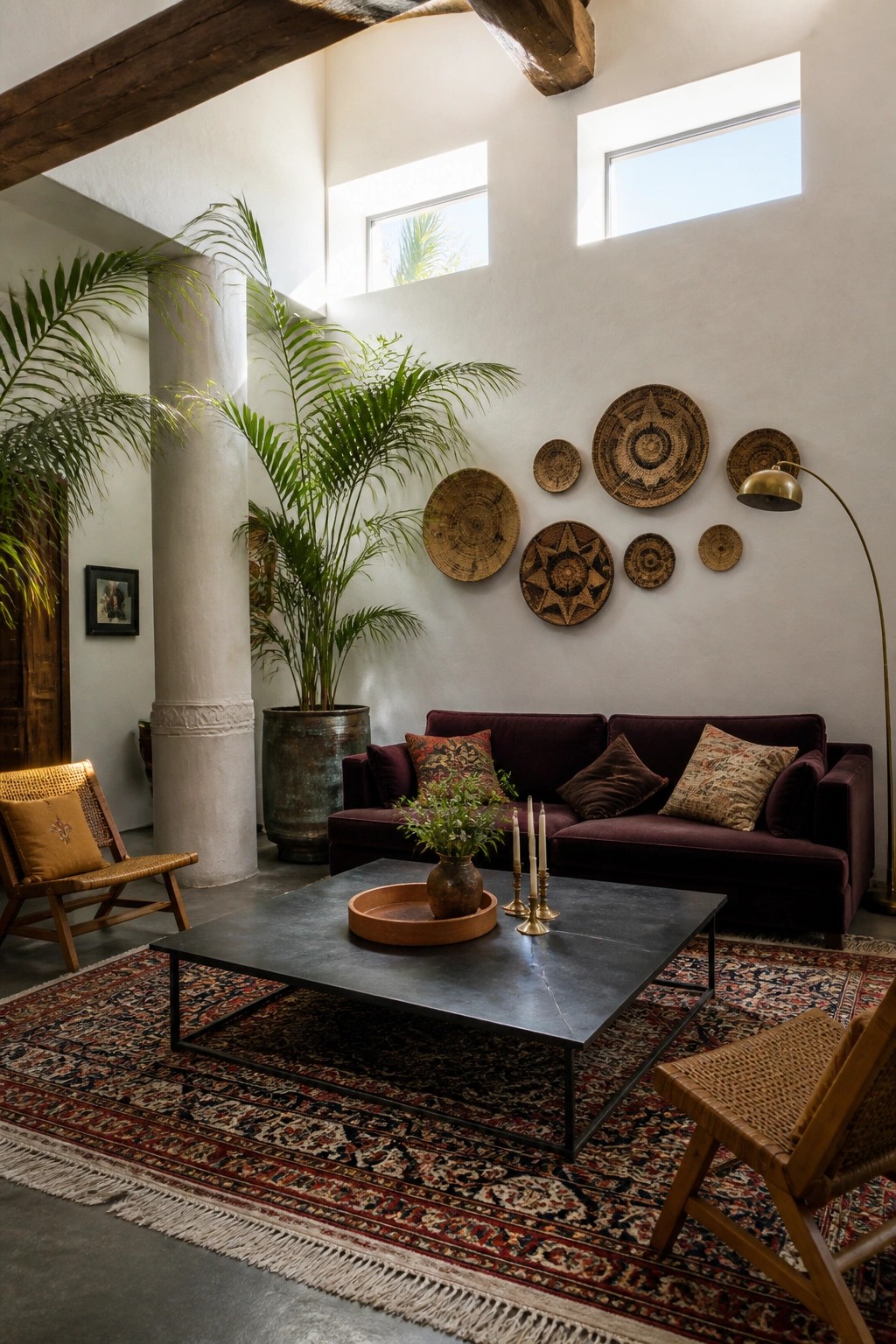A living room with a deep purple velvet sofa, dark coffee table on patterned rugs, woven wall baskets, potted palms, and woven accent chairs.
