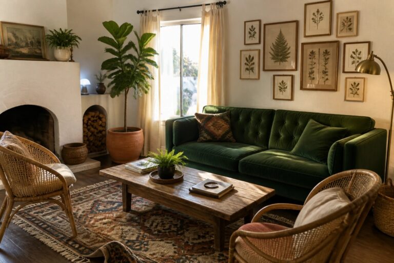 A living room with a green tufted velvet sofa, wooden coffee table on a patterned rug, two wicker chairs, and a fireplace with stacked firewood.