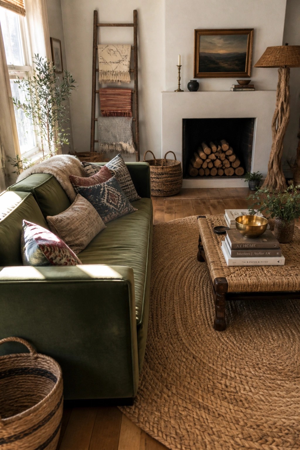 Green sofa with pillows on round jute rug near fireplace and blanket ladder.