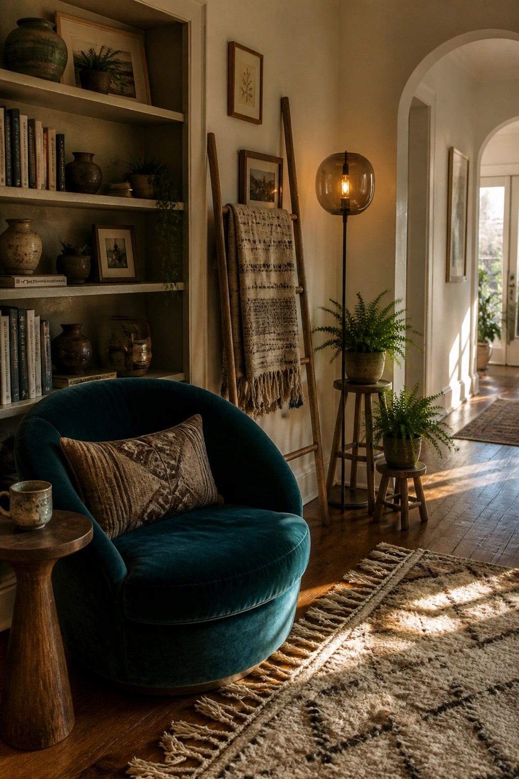 A teal velvet swivel armchair with a patterned pillow sits beside a small wooden table on a fringed rug in a room with open shelves and a floor lamp.