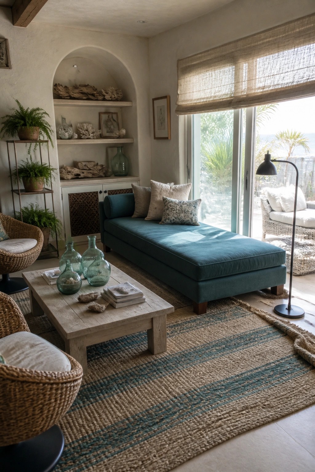 A teal velvet chaise lounge sits in a bright living room with woven chairs, a wooden coffee table, and a striped rug in front of large glass doors.