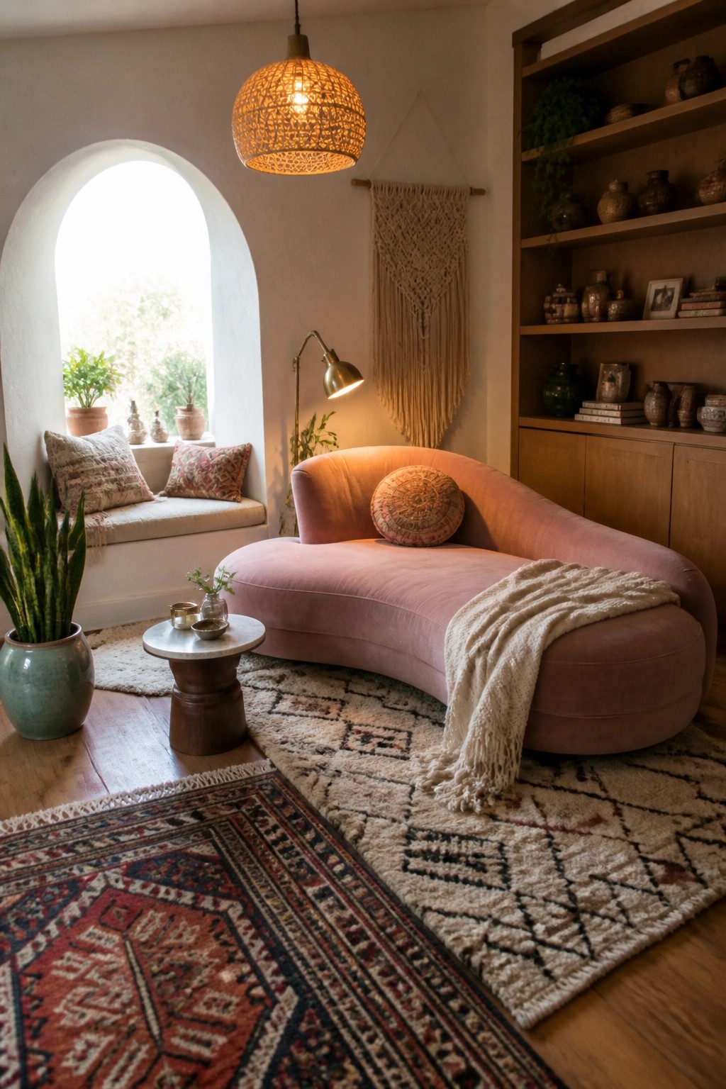 A pink curved velvet chaise lounge with a round pillow and cream throw sits on layered rugs in a room with an arched window, macrame wall hanging, and built-in wooden shelves.