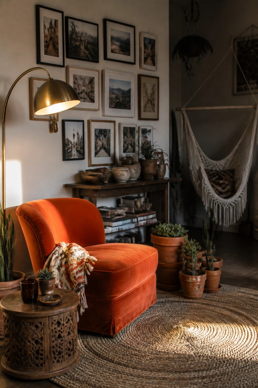 An orange velvet armchair sits on a round woven rug in front of a gallery wall with framed pictures and a wooden console table holding pottery and books.