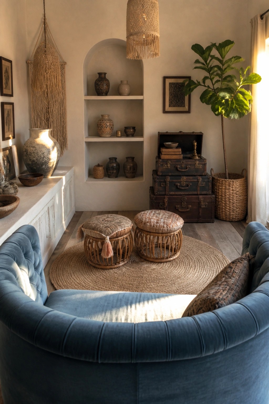 Cozy bohemian nook with blue velvet chairs, rattan stools, pottery shelves, and woven accents