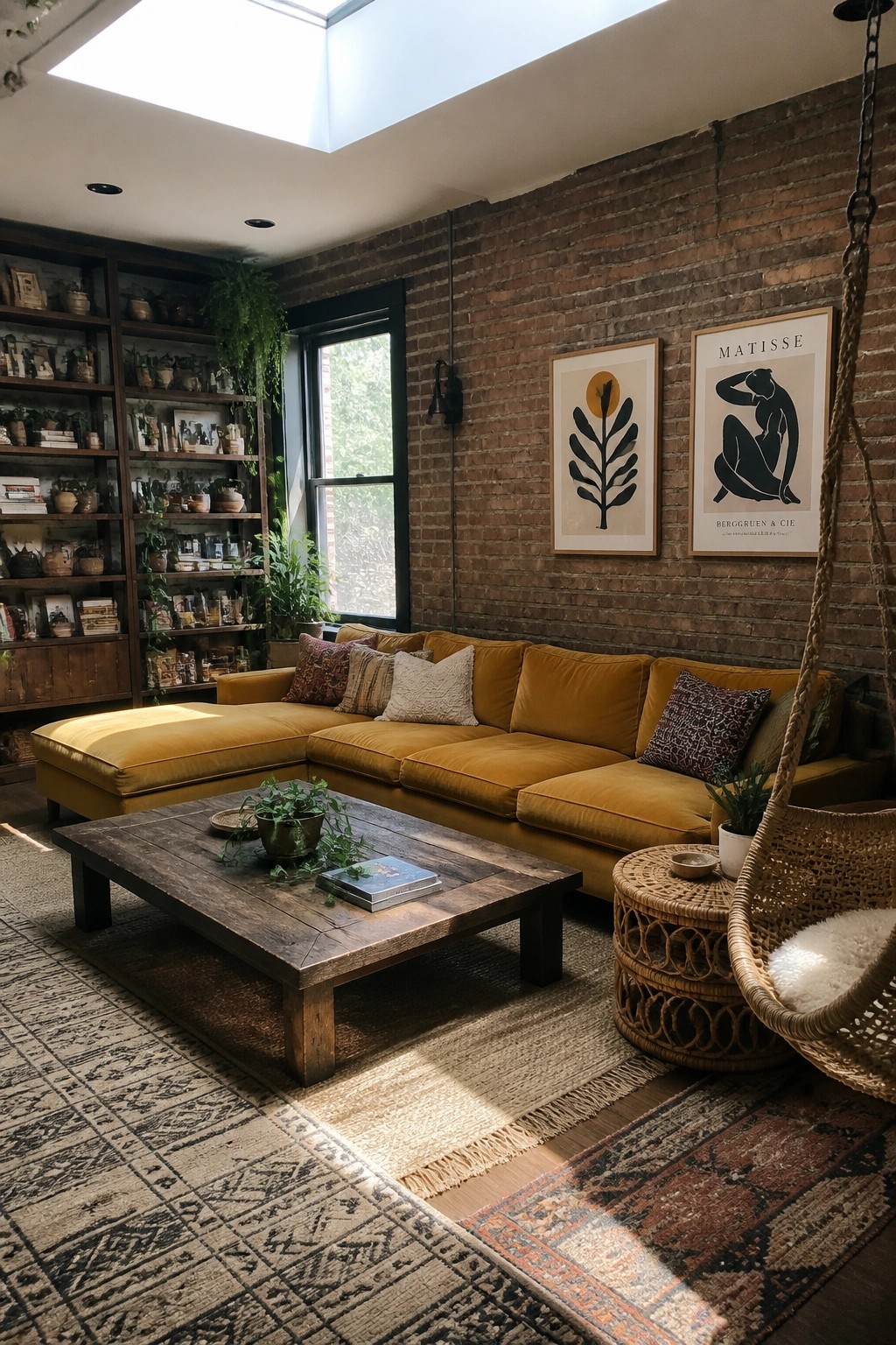 Sunlit living room with mustard yellow sectional sofa, wooden coffee table, and hanging chair.