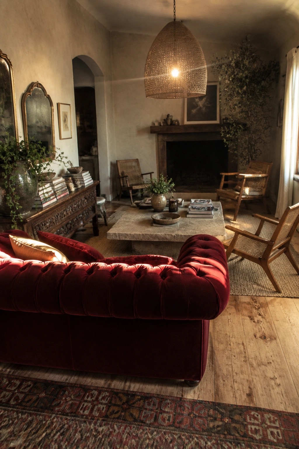 Cozy living room with red velvet sofa, woven pendant light, and stone table.