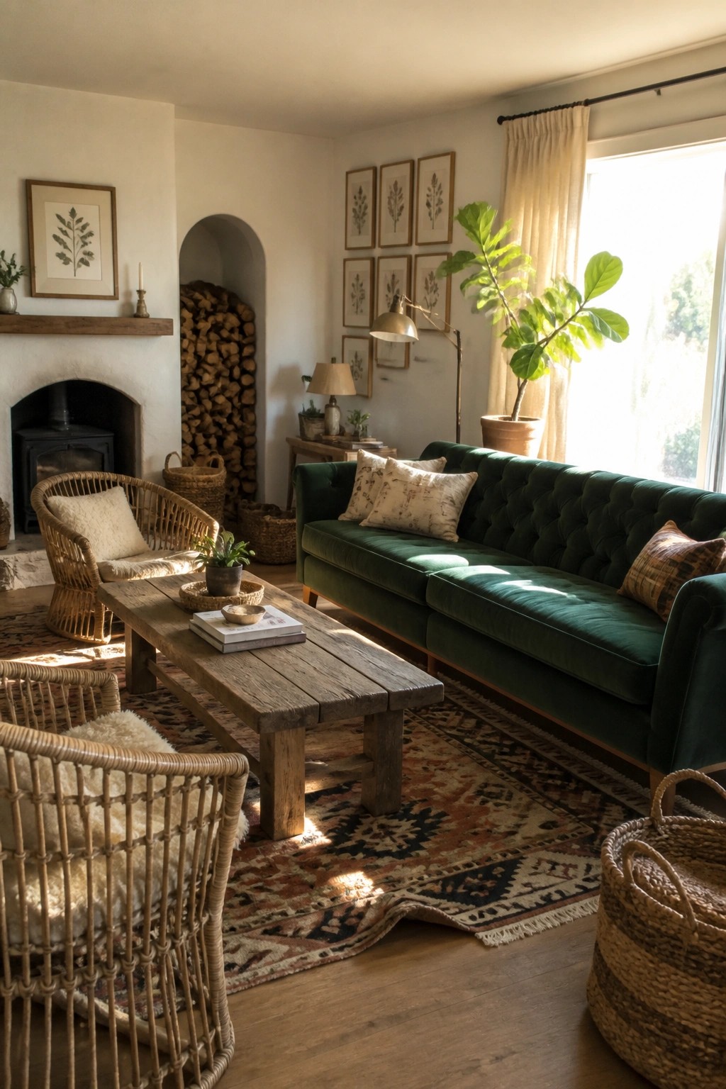A living room with a green tufted velvet sofa, wooden coffee table on a patterned rug, two wicker chairs, and a fireplace with stacked firewood.