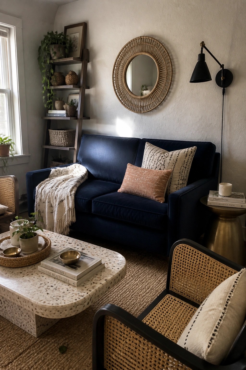 A living room with a navy blue velvet sofa, patterned pillows, a terrazzo coffee table on a jute rug, rattan chairs, a wooden ladder shelf, and a round woven mirror on the wall.