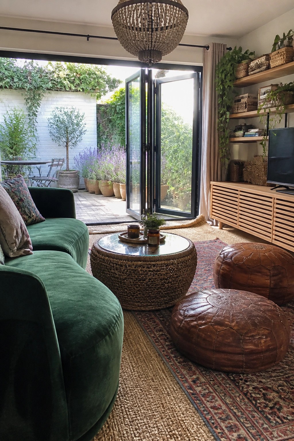 Cozy living room with green velvet sofa, woven table, leather poufs, and open patio doors