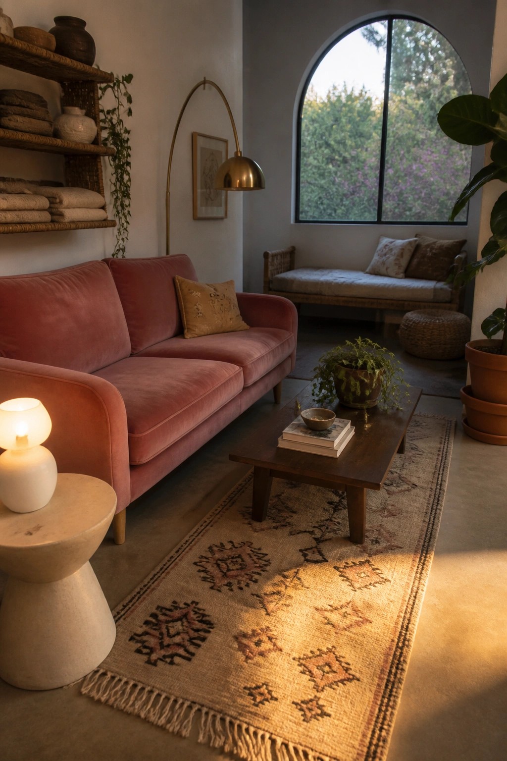 A living room featuring a pink velvet sofa, a wooden coffee table on a patterned rug, and an arched window with a daybed in the background.