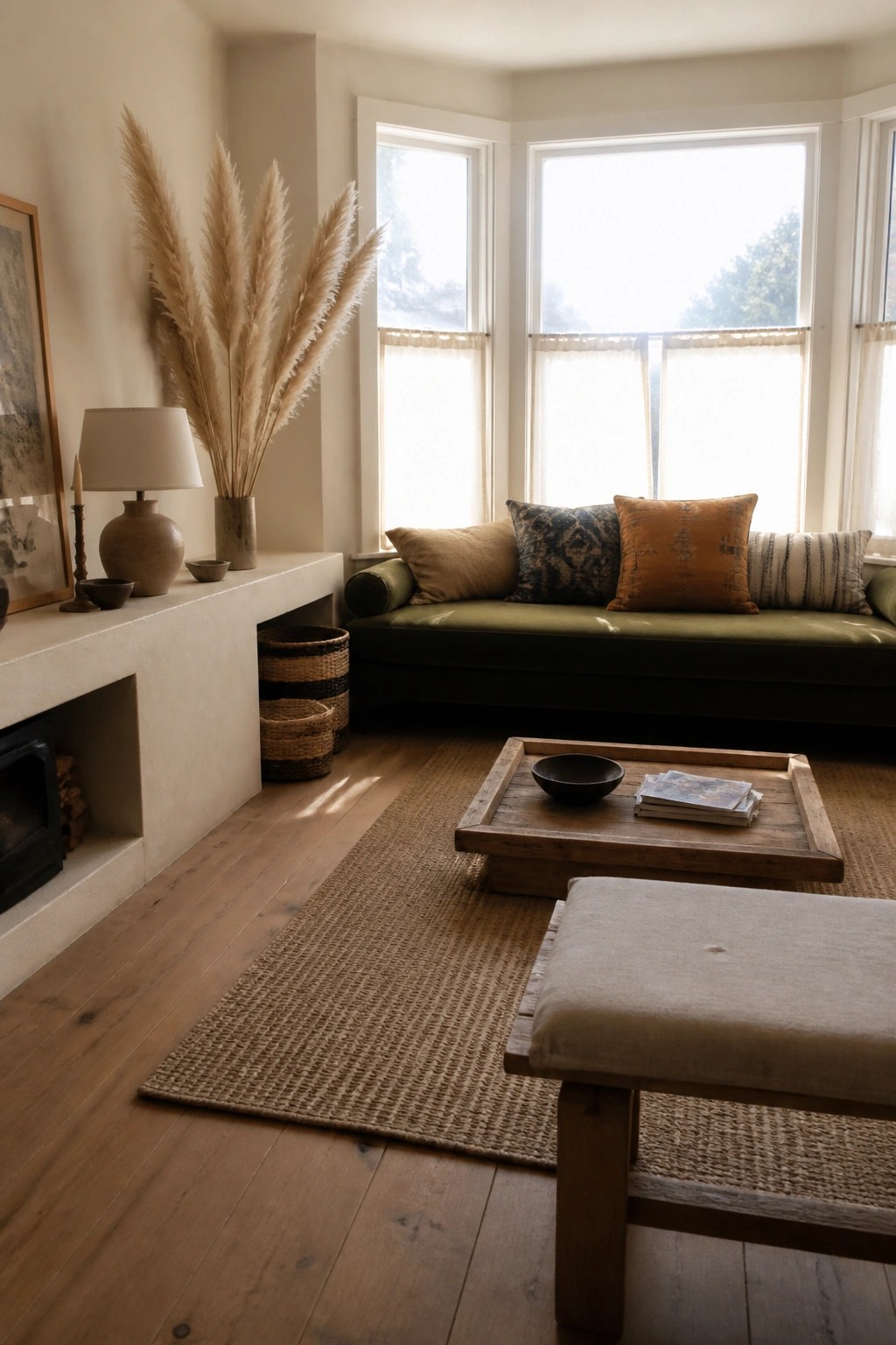 Cozy neutral living room with green window seat, wooden coffee table, and pampas grass.