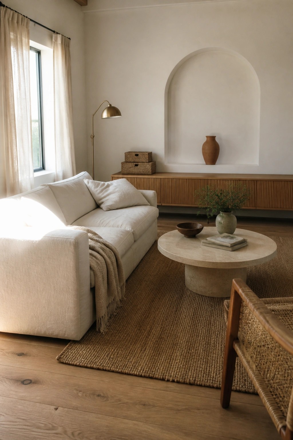 Sunlit minimalist living room with white sofa, round stone table, and jute rug