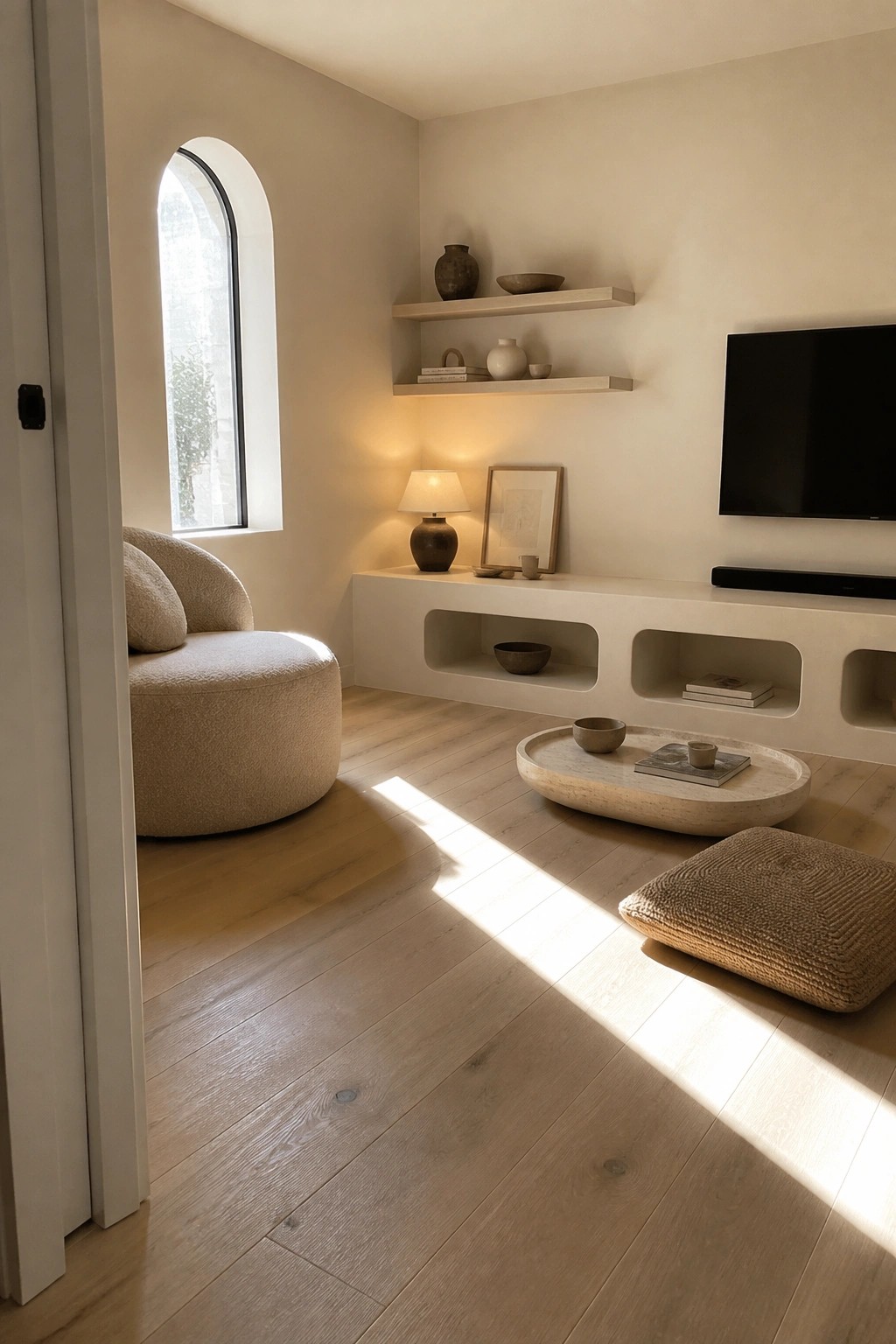 Minimalist living room with arched window, beige armchair, floating shelves, and marble table.