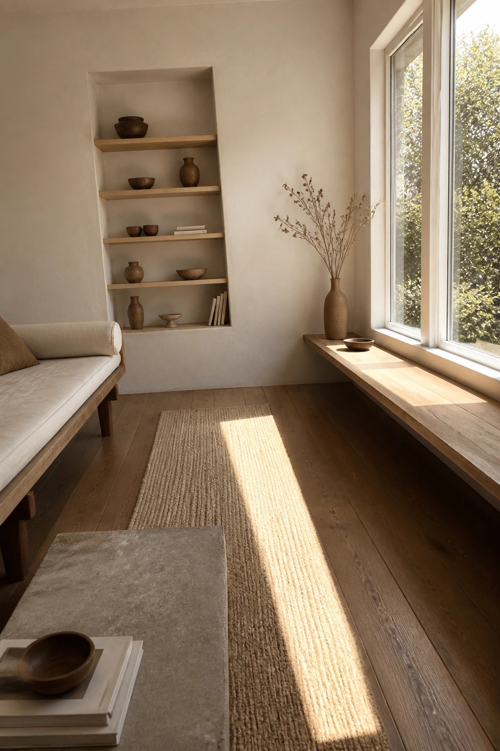 A light-filled living room features a recessed wall niche with light wood shelves holding a few ceramic vases and books, a long window seat, and a woven runner on wood flooring.