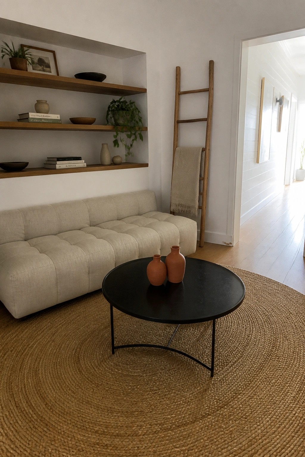 A living room corner with a light fabric sofa, black round coffee table on a jute rug, and wooden built-in shelves holding books, vases, and plants.