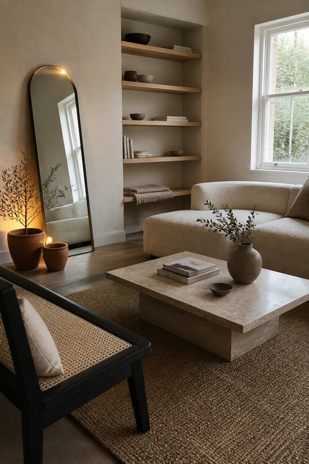 A living room interior showing built-in wooden shelves with a few ceramic bowls and stacked books, a stone coffee table on a woven rug, and a tall arched mirror beside potted plants.