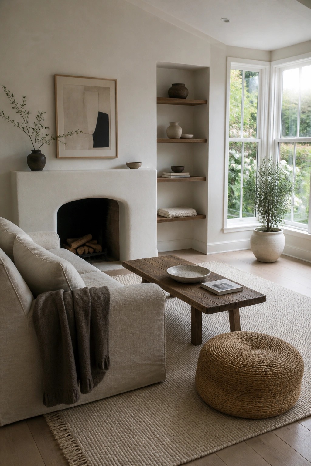 A minimalist living room with a white fireplace, built-in recessed shelves holding a few ceramics and books, a beige sofa, wooden coffee table on a woven rug, and large windows.