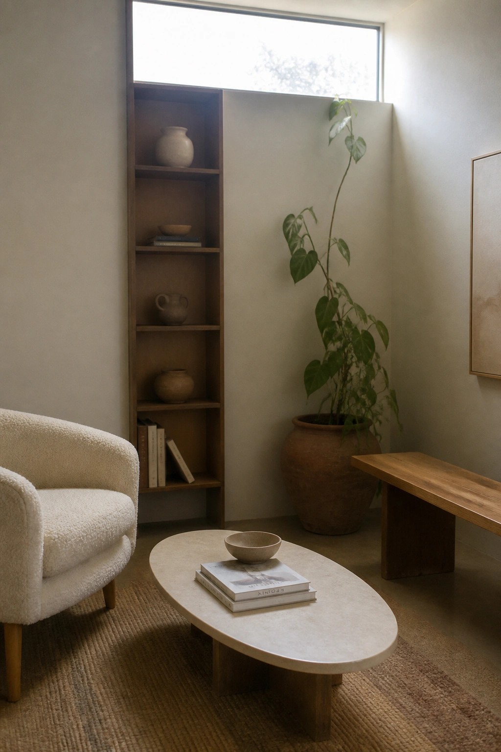 A minimalist living room featuring a tall built-in wooden bookshelf with a few ceramics and books, a white boucle armchair, an oval stone coffee table with stacked books, a large potted plant in a terracotta pot, and a wooden bench against a plain wall.