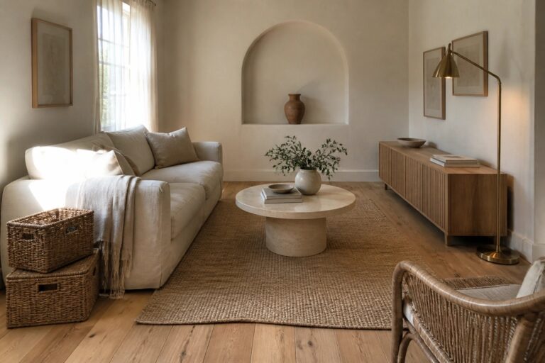 20 Minimalist Boho Chic Living Room Ideas Designed for Low-Clutter Styling Sunlit minimalist living room with white sofa, round stone table, and jute rug