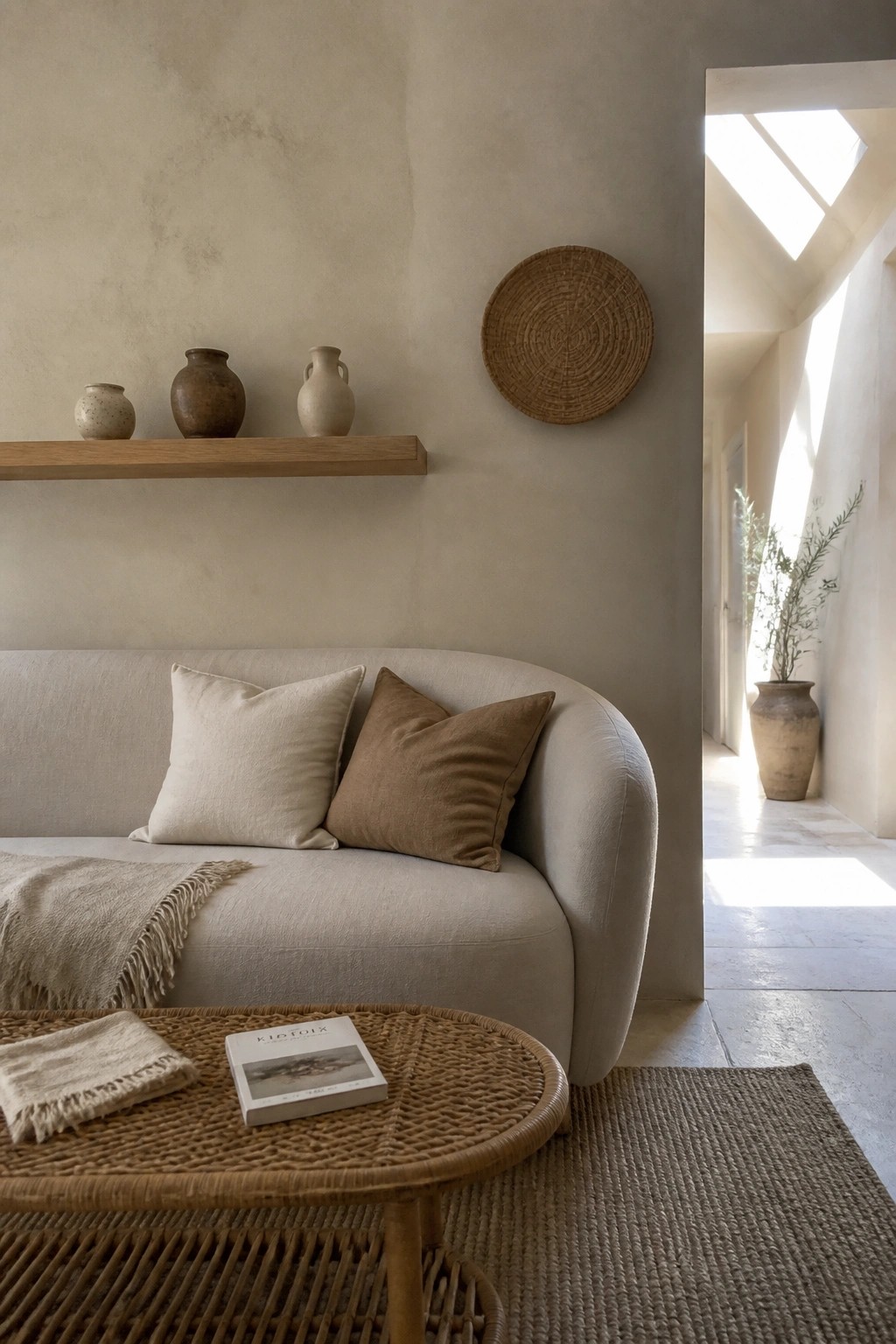 A living room scene showing a curved beige sofa, woven coffee table with a book, and a wooden floating shelf holding three ceramic vases on a textured wall.