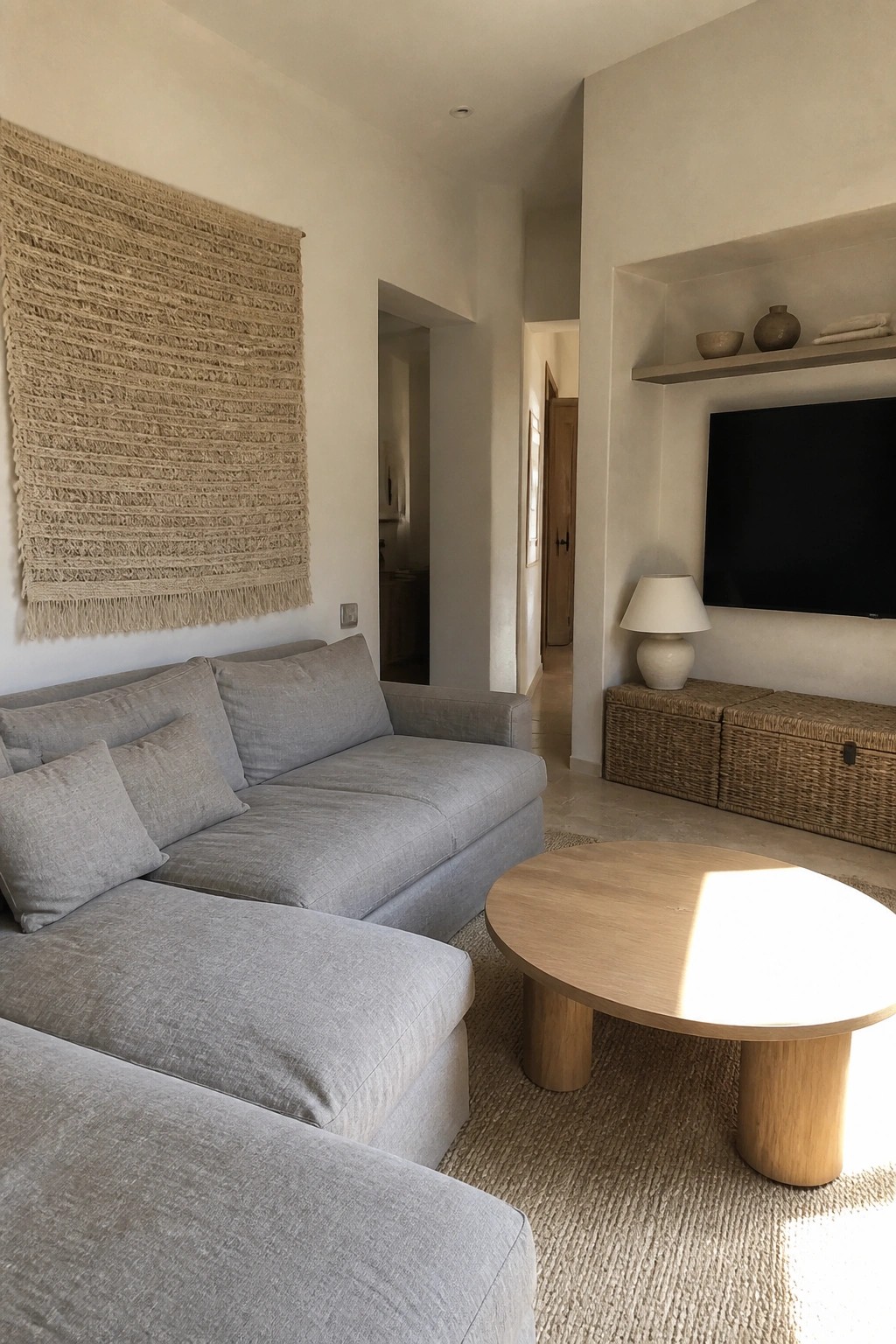 A living room with a gray sectional sofa, round wooden coffee table on a jute rug, and a large beige woven wall hanging above the sofa.