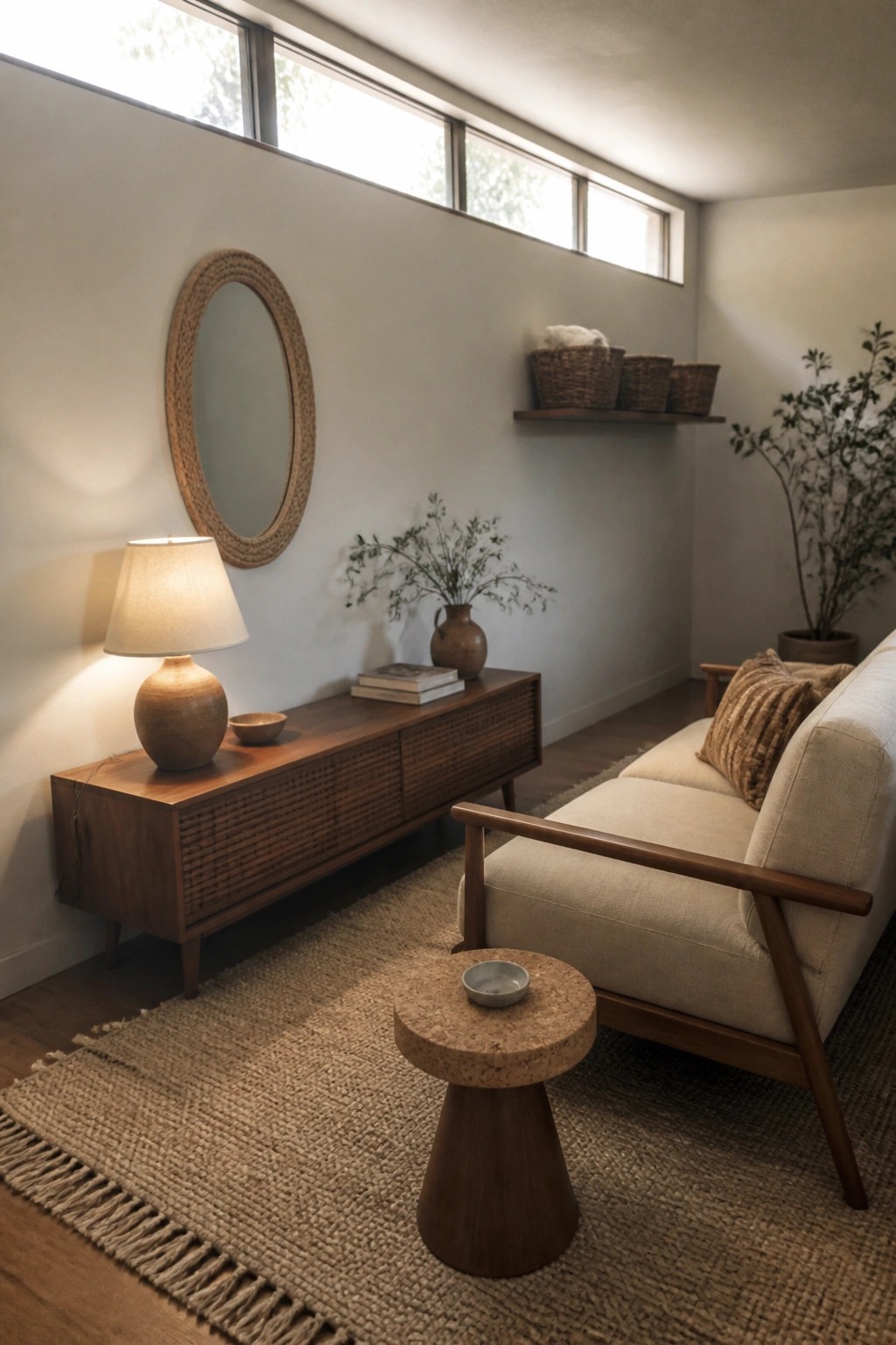 Cozy living room with beige sofa, wooden console, cork table, and jute rug.